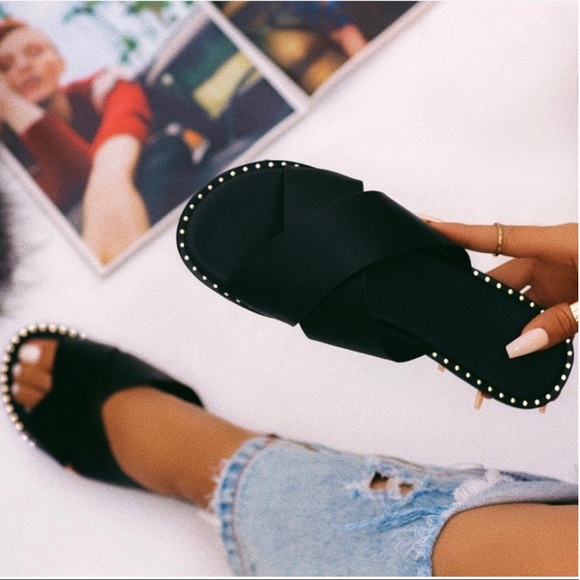 Black X Band Studded Slide Flat Sandals - Picture 2 of 9